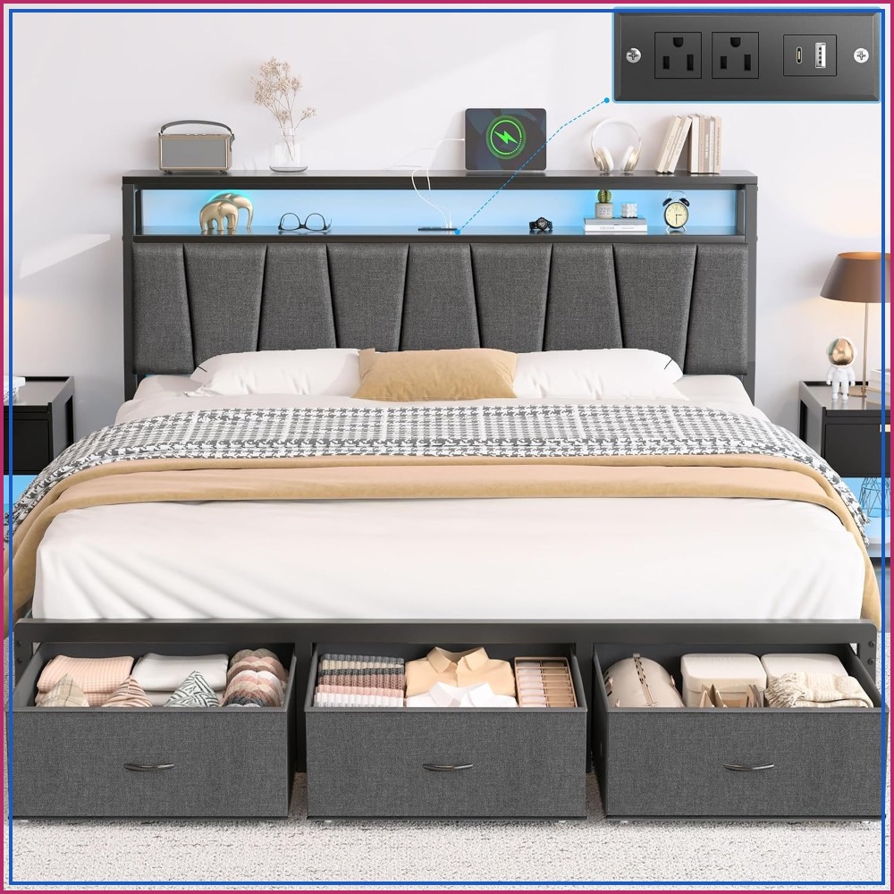 King Size Bed Frame With Storage Drawers - Letto matrimoniale con testiera contenitore e