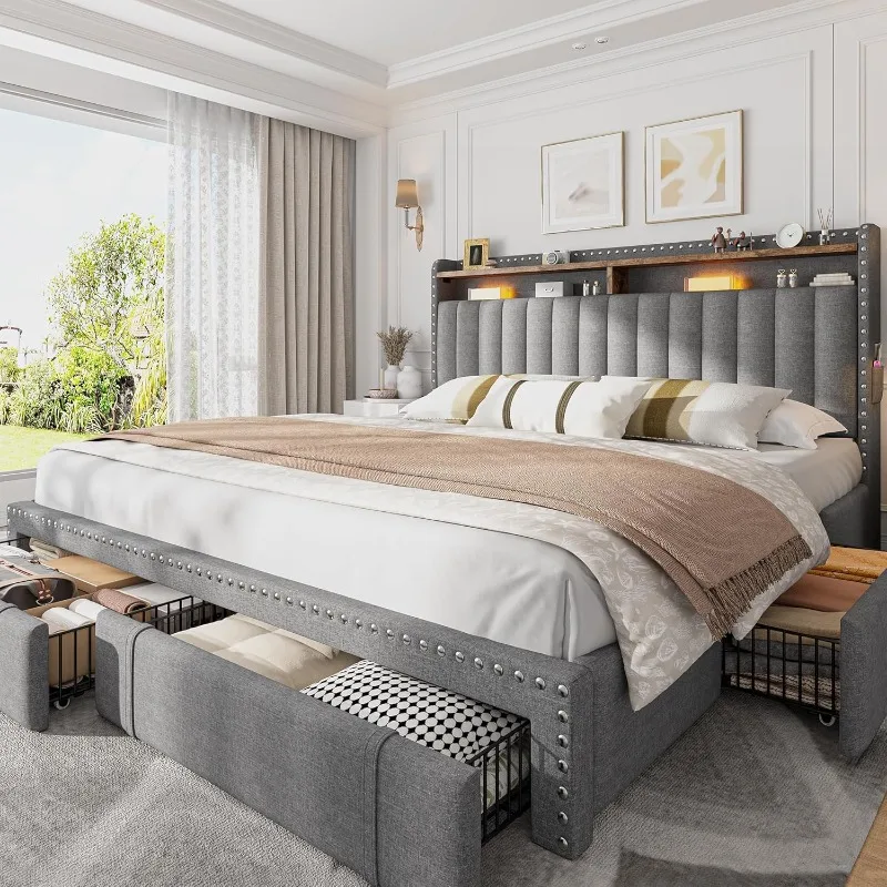 King Size Bed Frame With Storage Drawers - EnHomee Letto Matrimoniale Imbottito con 4
